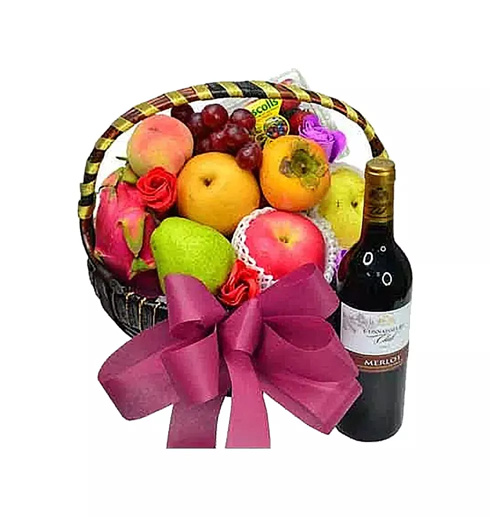 Garden-Fresh Fruits Hamper with Wine Gift